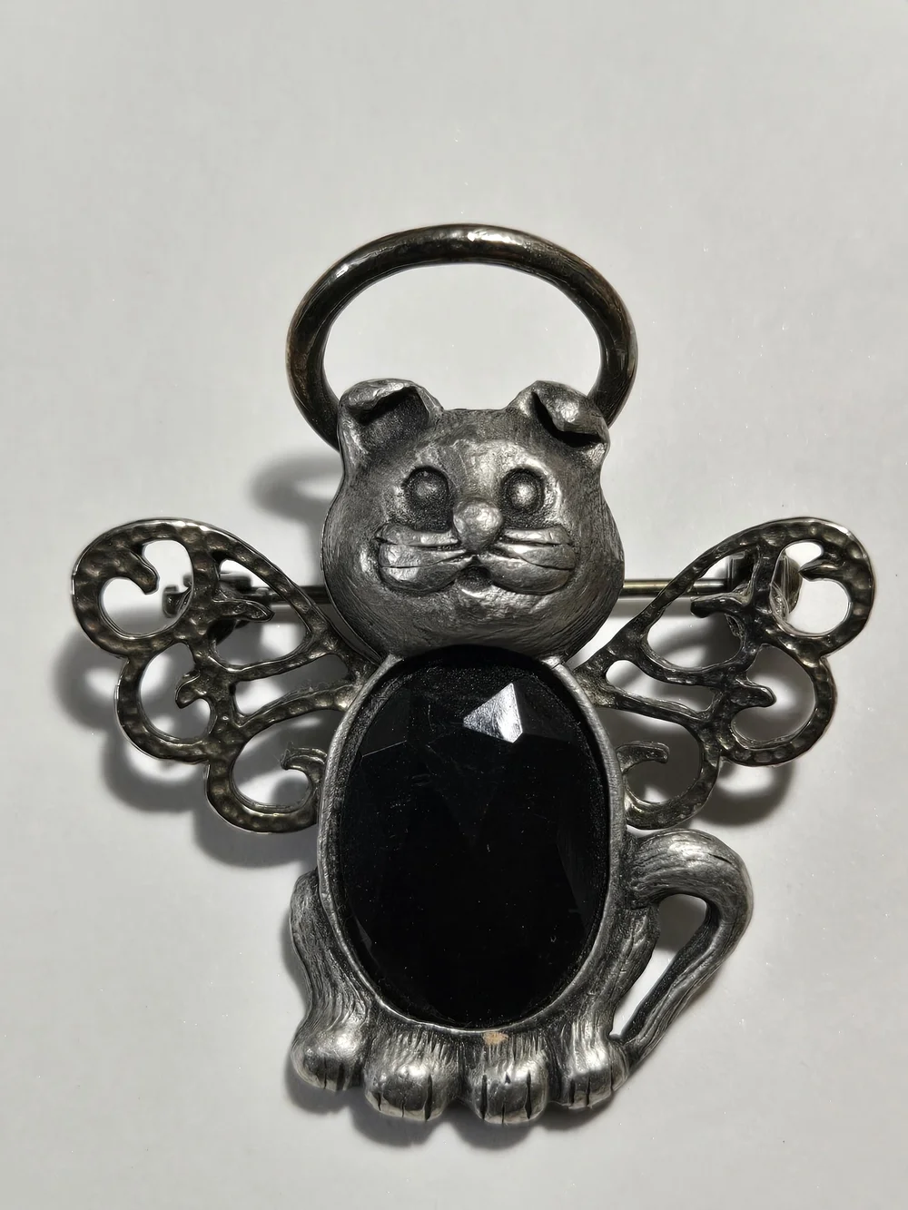 Vintage Silver-Tone Cat Brooch with Black Glass Stone